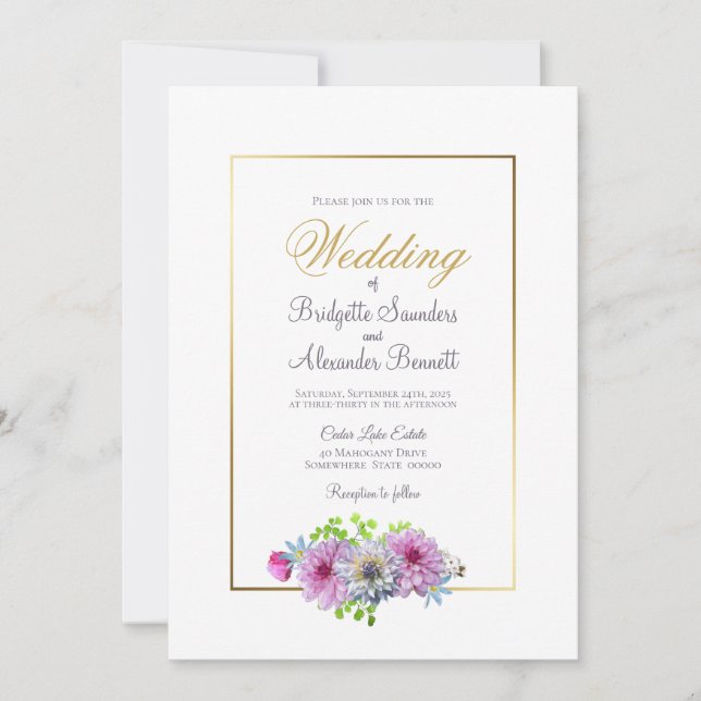 Invitación Elegante Boda de borde dorado con flores rosadas (Anverso)
