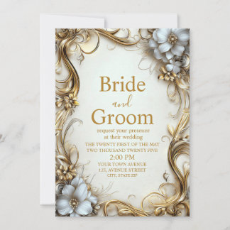 Invitación Elegante Boda de borde dorado y floral blanco