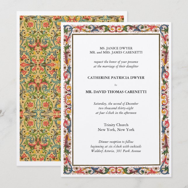Invitación Elegante Boda de borde floral azul y oro (Anverso / Reverso)