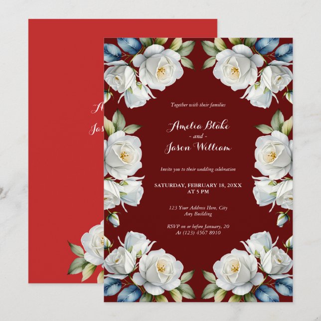 Invitación Elegante Boda de borde floral de rosa blanca marró (Anverso / Reverso)