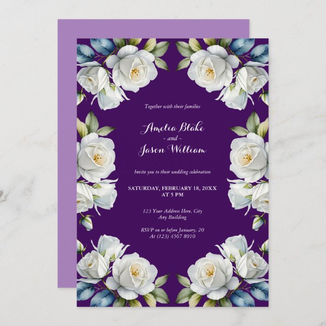Invitación Elegante Boda de borde floral rosa blanca púrpura (Anverso / Reverso)