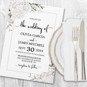 Invitación Elegante Boda de borde gris floral blanco