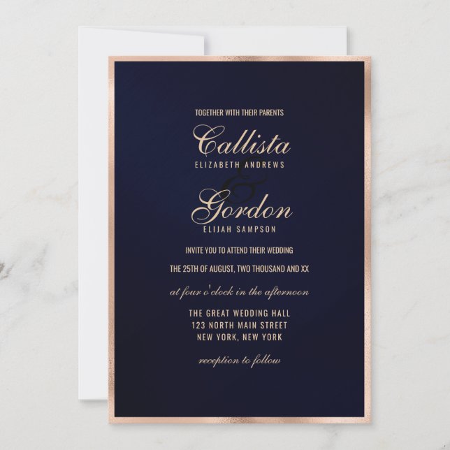 Invitación Elegante Boda de borde metálico de la Marina moder (Anverso)