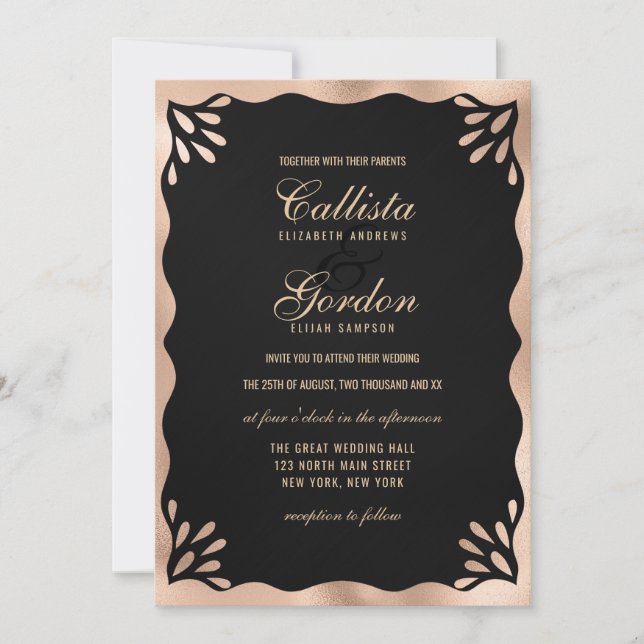 Invitación Elegante Boda de borde ondulado metálico de oro ne (Anverso)
