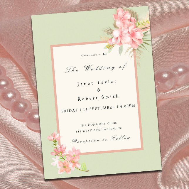 Invitación Elegante Boda de borde verde y rosado para Bouquet (Subido por el creador)