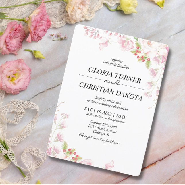 Invitación Elegante Boda de bordes redondeados con flores ros (Subido por el creador)