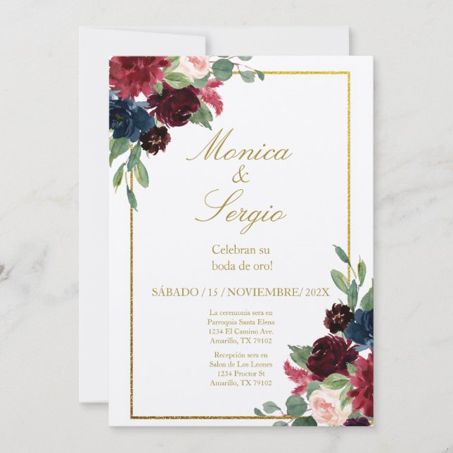 Invitación Elegante Boda de Borgoña 50 en español (Anverso)