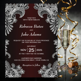 Invitación Elegante Boda de Borgoña de encaje blanco