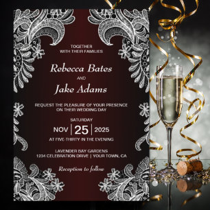 Invitación Elegante Boda de Borgoña de encaje blanco