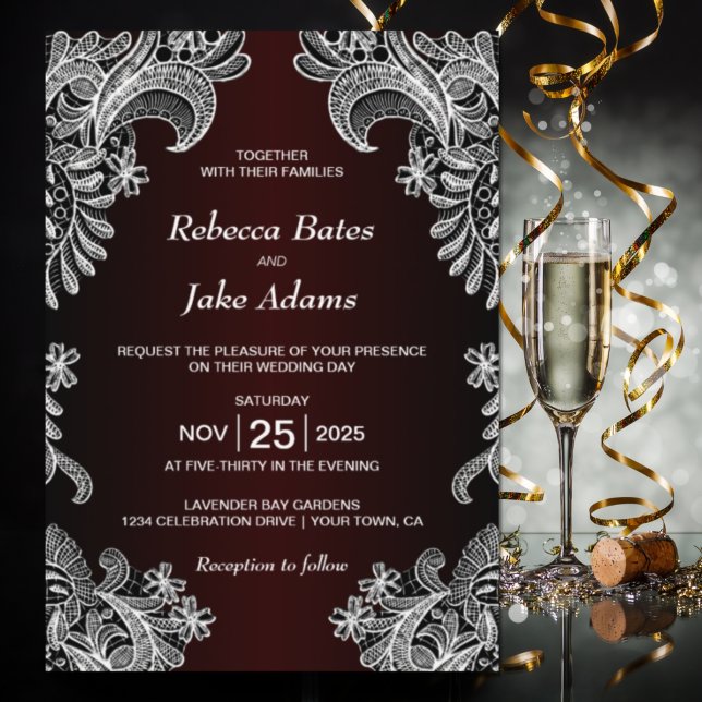 Invitación Elegante Boda de Borgoña de encaje blanco (Subido por el creador)