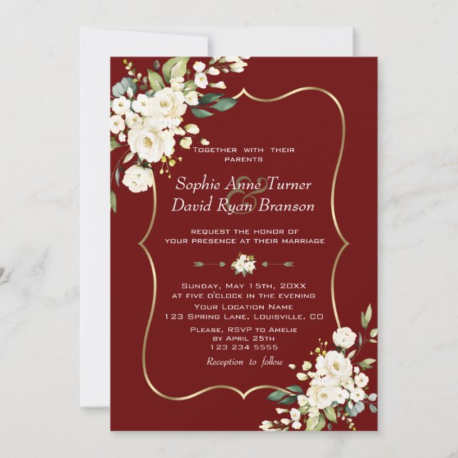 Invitación Elegante Boda de Borgoña de flores blancas (Anverso)