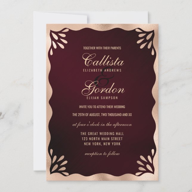 Invitación Elegante Boda de Borgoña de Oro Metálico Wavy Bord (Anverso)