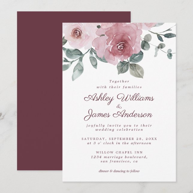 Invitación Elegante Boda de Borgoña Rosa Rosa Dusty Floral (Anverso / Reverso)