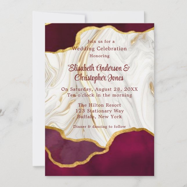 Invitación Elegante Boda de Borgoña y Agate de Oro (Anverso)