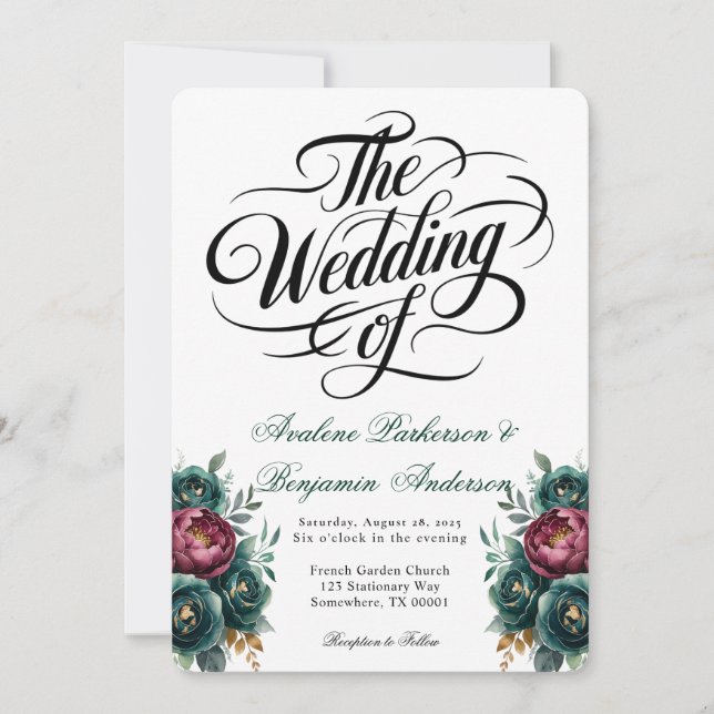 Invitación Elegante Boda de Borgoña y Peonía Esmeralda (Anverso)