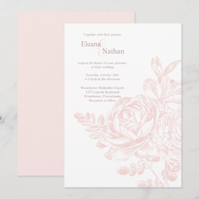 Invitación Elegante Boda de Bouquet de Flora Blanca Rosa (Anverso / Reverso)