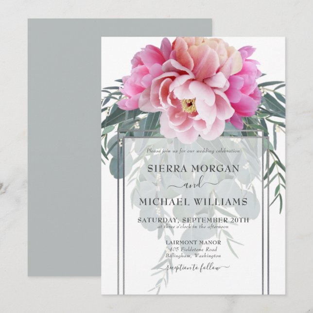 Invitación Elegante Boda de Bouquet gris rosado de Rubor (Anverso / Reverso)