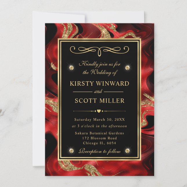 Invitación Elegante Boda de Brillo Rojo Fundido y Dorado (Anverso)