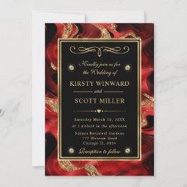 Invitación Elegante Boda de Brillo Rojo Fundido y Dorado