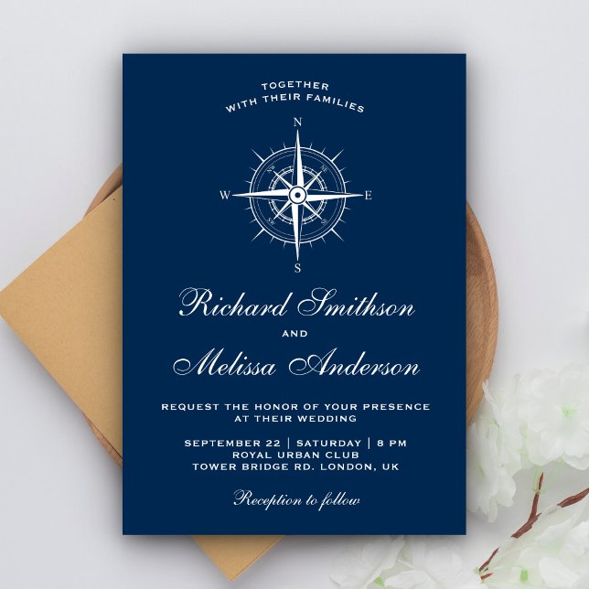 Invitación Elegante Boda de brújula azul de la marina blanca (Subido por el creador)