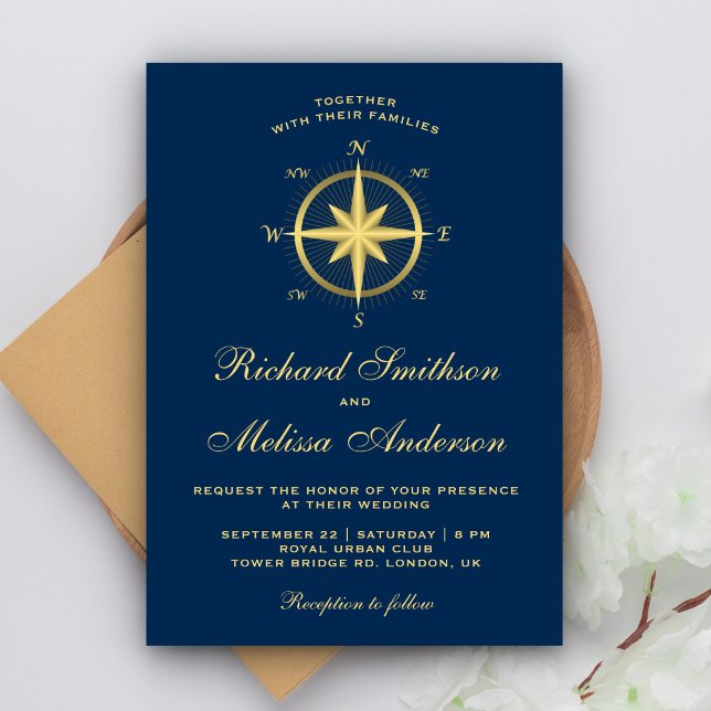 Invitación Elegante Boda de brújula azul y dorada (Subido por el creador)
