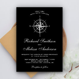 Invitación Elegante Boda de brújula náutica blanca y negra