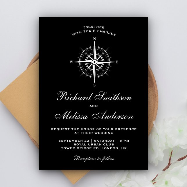 Invitación Elegante Boda de brújula náutica blanca y negra (Subido por el creador)
