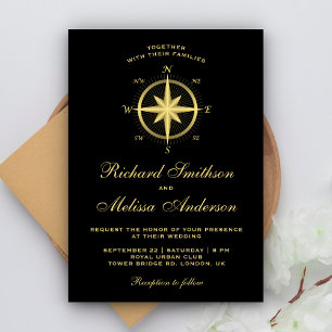 Invitación Elegante Boda de Brújula Náutica en Negro y Dorado