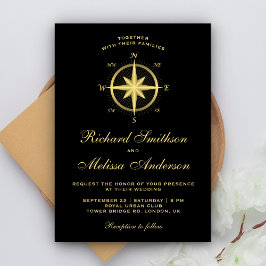 Invitación Elegante Boda de brújula náutica negra y dorada
