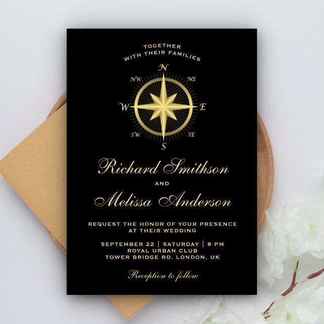 Invitación Elegante Boda de brújula náutica negra y dorada (Subido por el creador)