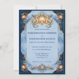 Invitación Elegante boda de caballito de mar en la playa azul