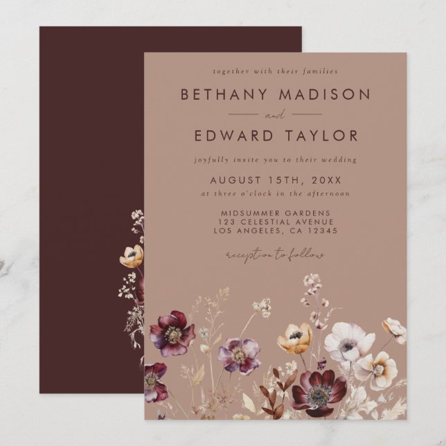 Invitación Elegante Boda de Caída de Flor Silvestre (Anverso / Reverso)