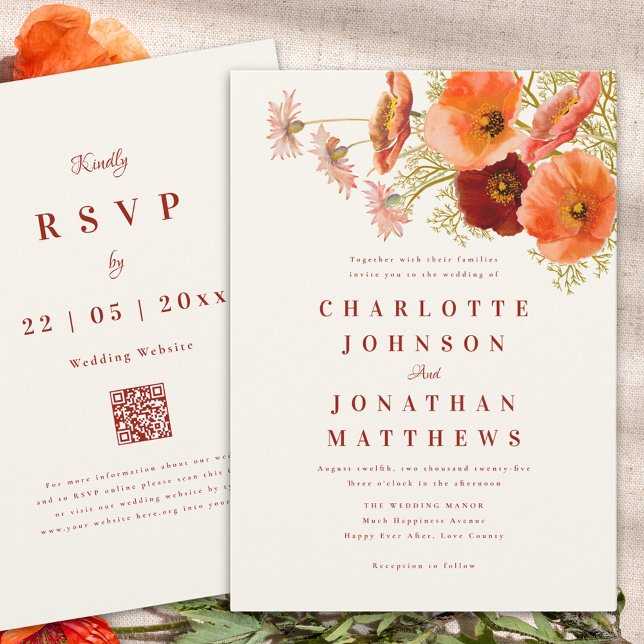 Invitación Elegante Boda de Caída de Flor Silvestre (Elegant wildflower fall wedding invitation burnt orange script and website qr code)