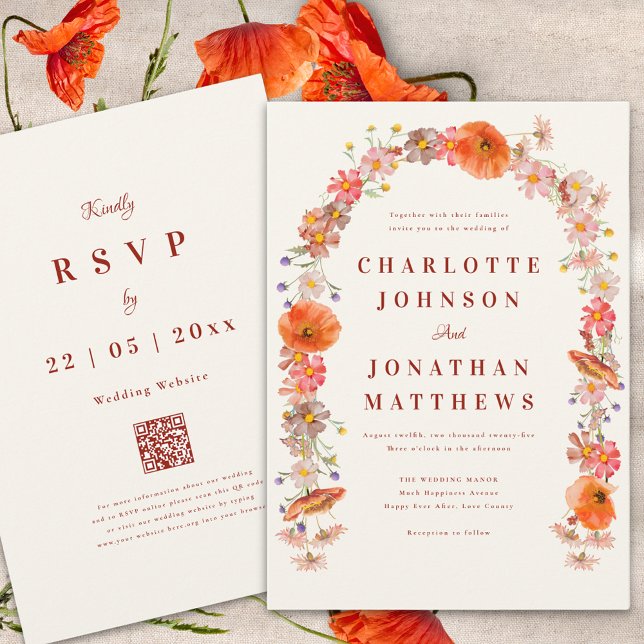 Invitación Elegante Boda de Caída de Flor Silvestre (Boho wildflower arch fall wedding invitation burnt orange elegant script and wedding website qr code)