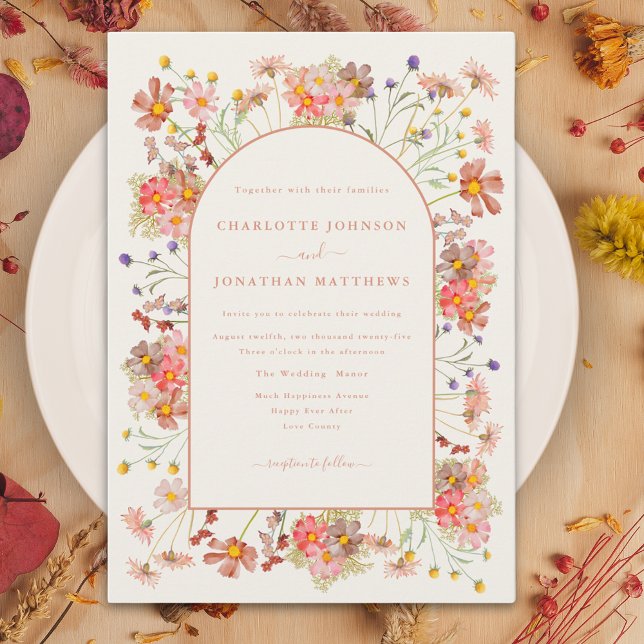 Invitación Elegante Boda de Caída de Flor Silvestre (Wildflower burnt orange terracotta arch fall wedding invitation )