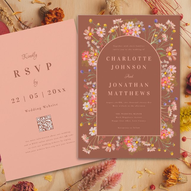 Invitación Elegante Boda de Caída en el Arco de Flor Silvestr (Elegant arch wildflower burnt Orange terracotta and peach fall wedding invitation )