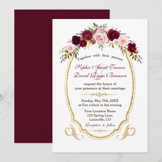 Invitación Elegante Boda de Caída Floral de Borgoña Marsala (Anverso / Reverso)