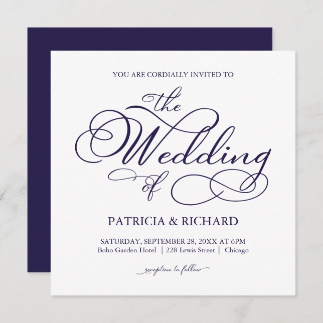 Invitación Elegante Boda de caligrafía azul de la Marina (Anverso / Reverso)