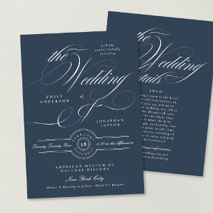 Invitación Elegante Boda de caligrafía azul de la Marina da d