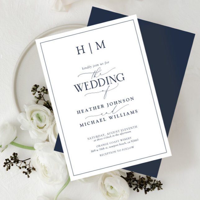 Invitación Elegante Boda de caligrafía azul de la Marina Form (Subido por el creador)