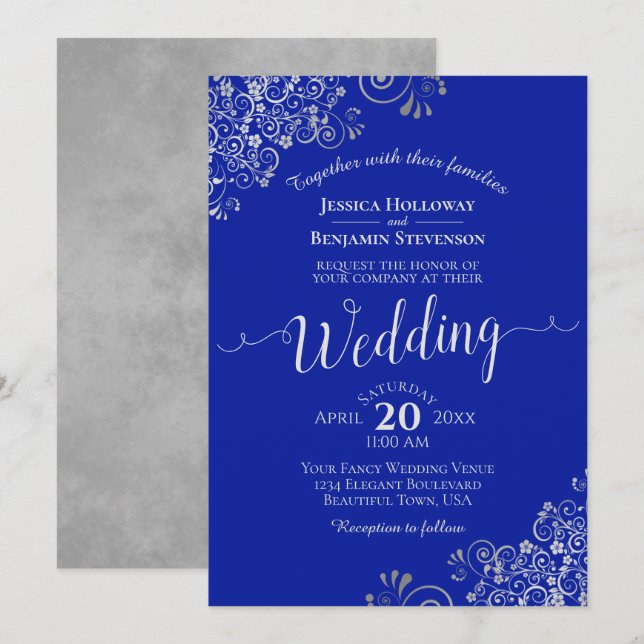 Invitación Elegante Boda de caligrafía azul y plateado real (Anverso / Reverso)