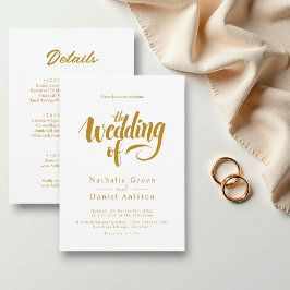 Invitación Elegante Boda de caligrafía blanca y dorada