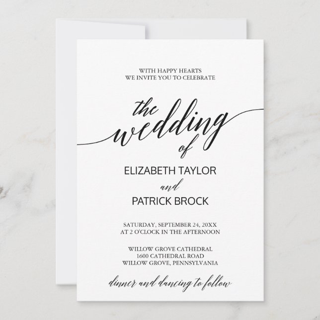 Invitación Elegante Boda de caligrafía blanca y negra (Anverso)