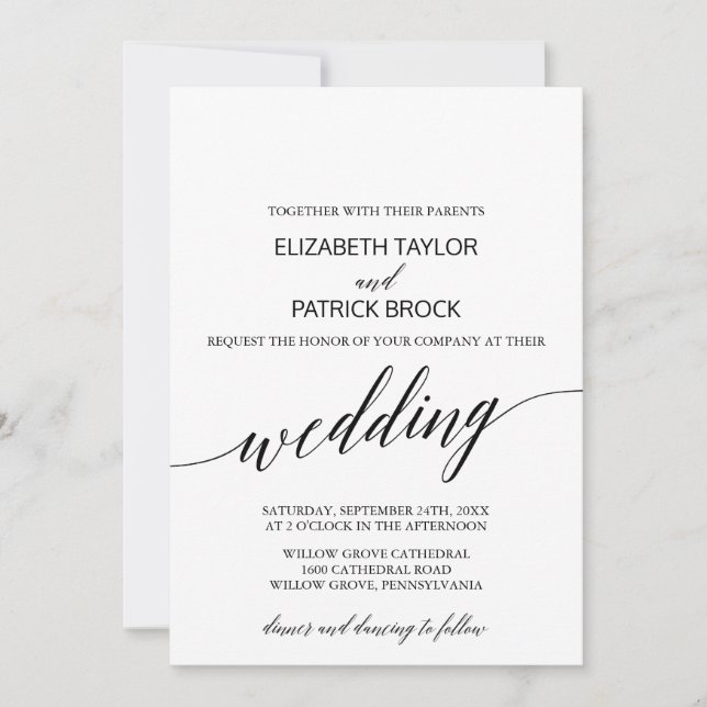 Invitación Elegante Boda de caligrafía blanca y negra (Anverso)