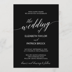 Invitación Elegante Boda de caligrafía blanca y negra