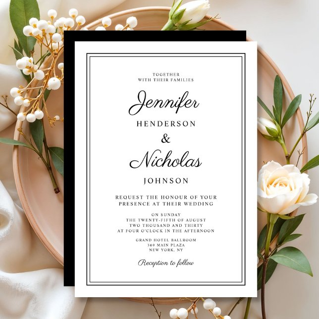 Invitación Elegante Boda De Caligrafía Blanca Y Negra (Elegant Black And White Calligraphy Wedding Invitation)