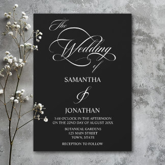 Invitación Elegante Boda de caligrafía blanca y negra