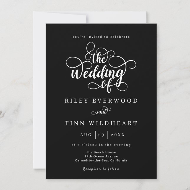Invitación Elegante Boda de caligrafía blanca y negra (Anverso)