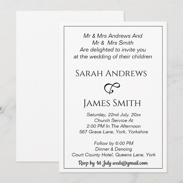 Invitación Elegante Boda de caligrafía blanca y negra (Anverso / Reverso)