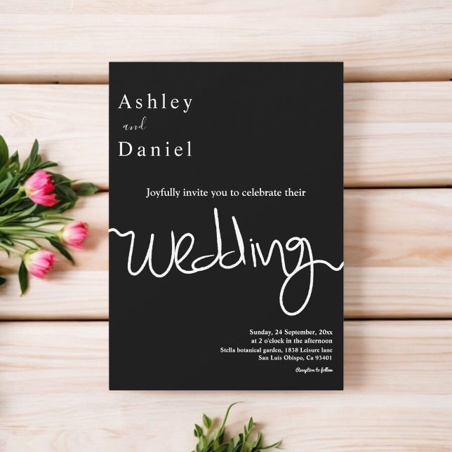 Invitación Elegante Boda De Caligrafía Blanca Y Negra Sencill (Subido por el creador)